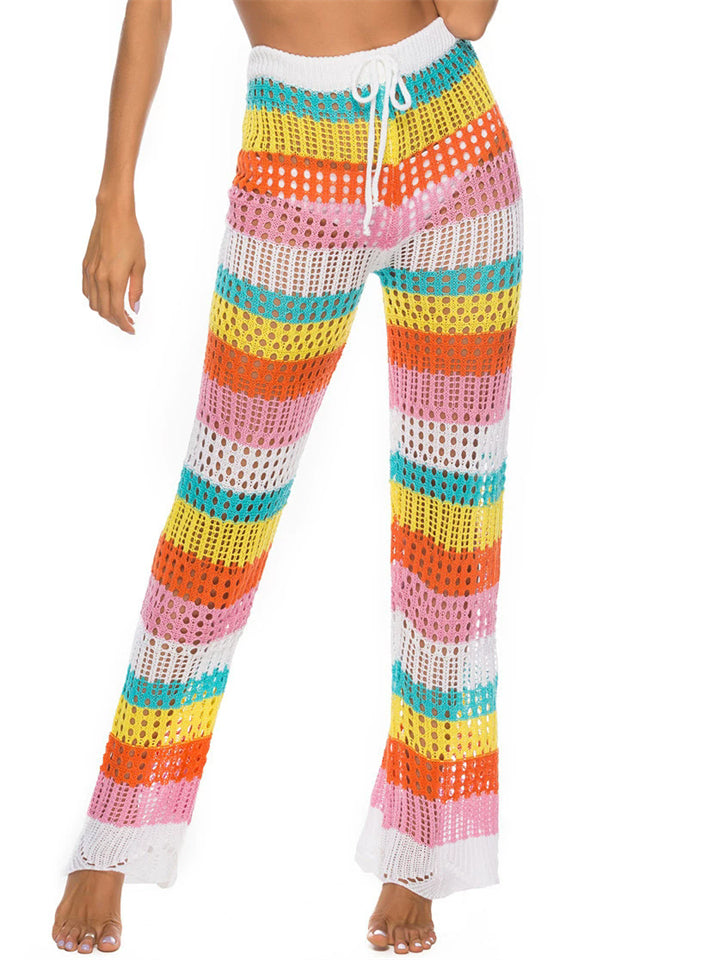 Summer Rainbow Contrast Color Hollow Knitted Beach Pants