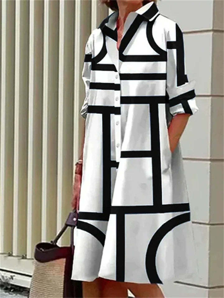 Women's Elegant Geometric Strip Printed  Long Sleeve Knee Length Shirt Dress
