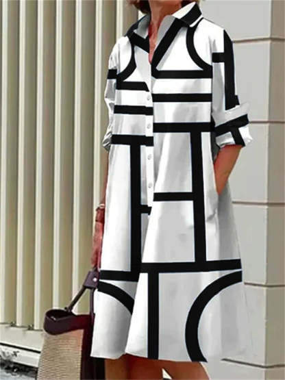 Women's Elegant Geometric Strip Printed  Long Sleeve Knee Length Shirt Dress