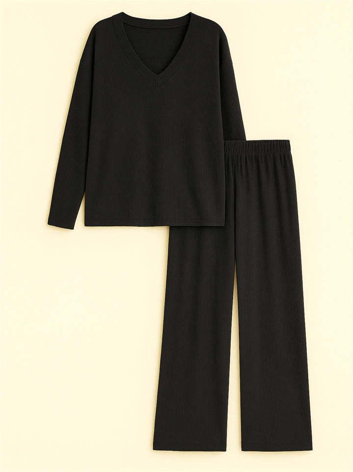 Loose Solid Color Autumn V Neck Drop Shoulder Long Sleeve Outfit for Women