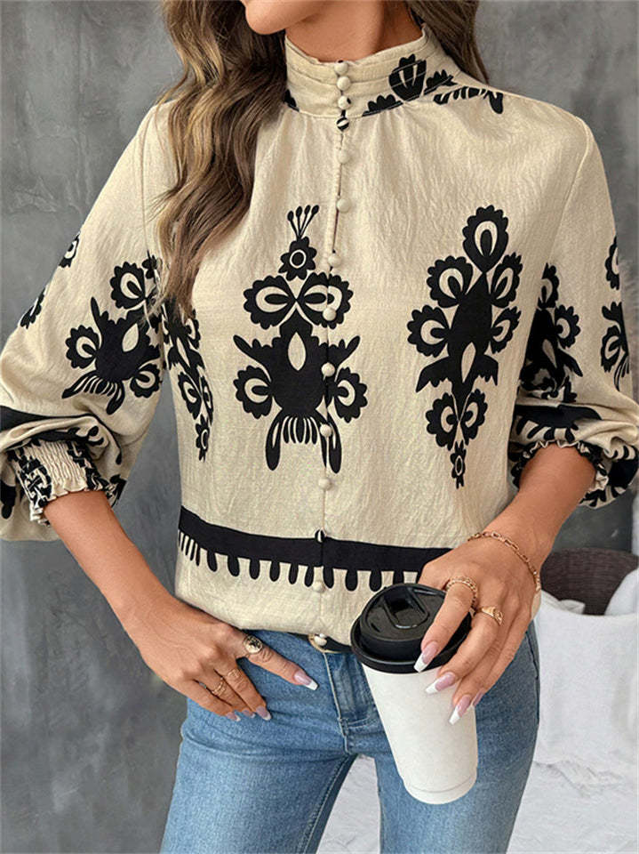Ladies' Vintage Ethnic Style Printed Stand Collar Long Sleeve Blouses
