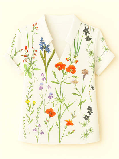 Women's Summer Floral Printed Stand Collar V Neck Short Sleeve Shirts