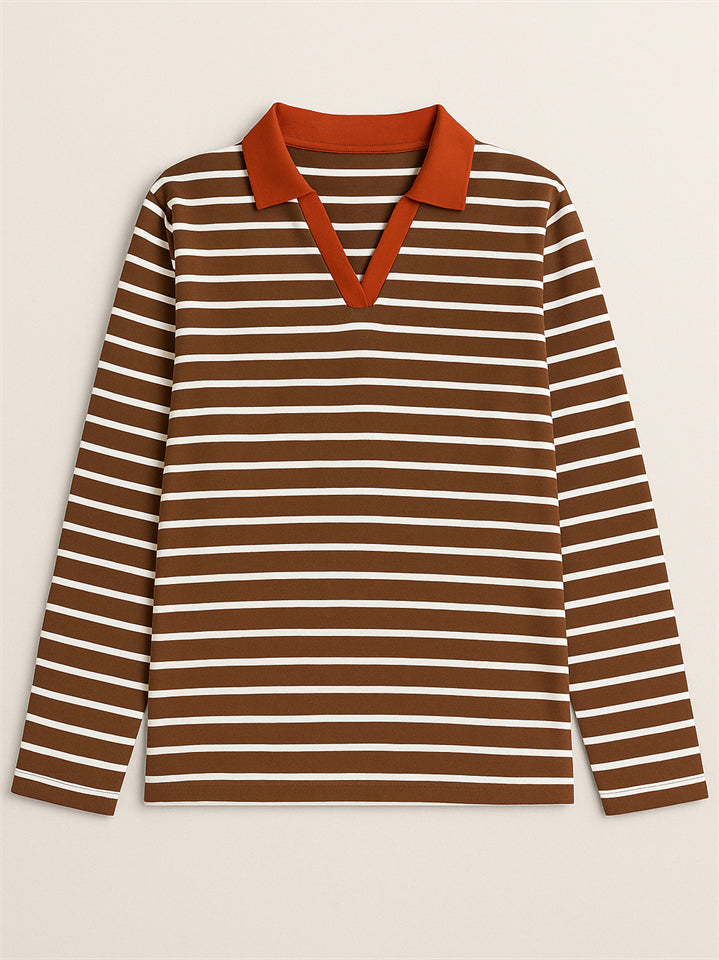 Women's Stripe Contrast Color V Neck Pullover Long Sleeve Shirts