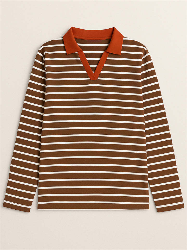 Women's Stripe Contrast Color V Neck Pullover Long Sleeve Shirts