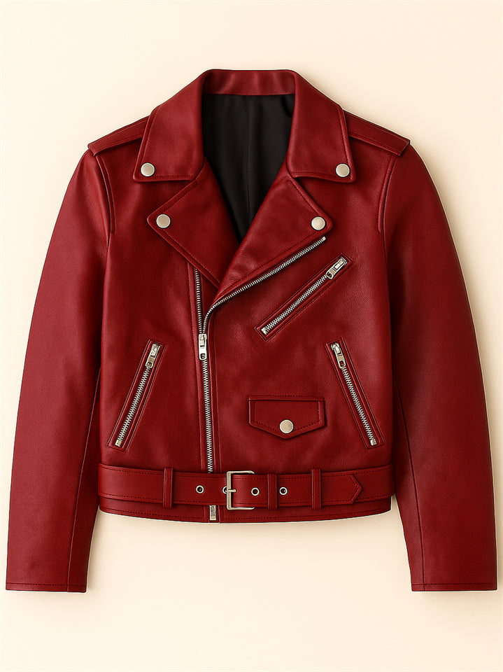 Trendy Solid Color PU Leather Zip Up Motorcycle Jacket for Women