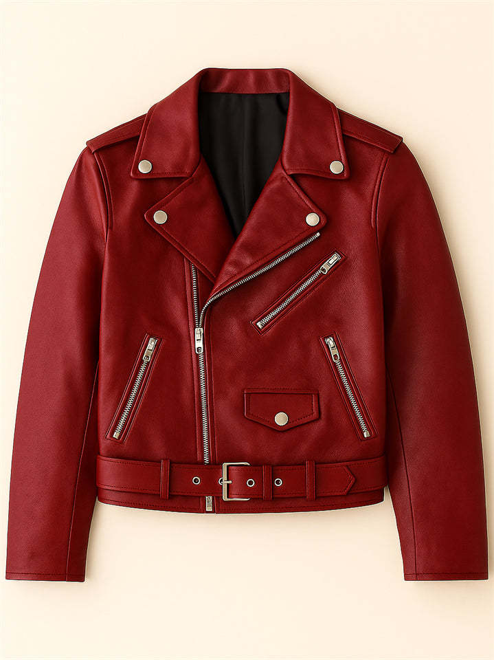 Trendy Solid Color PU Leather Zip Up Motorcycle Jacket for Women