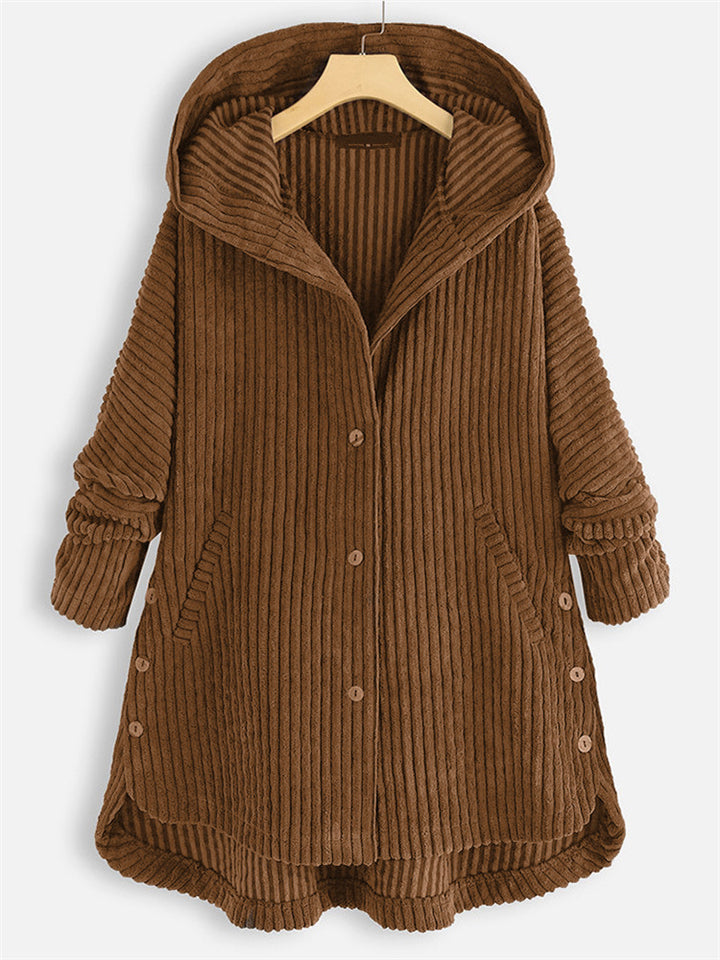 Autumn Solid Color Asymmetric Hem Corduroy Hooded Coat for Women