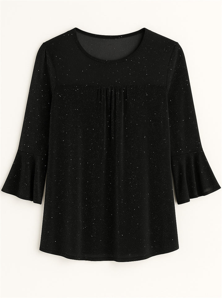 Women's Solid Color Mesh Patchwork Bling 3/4 Flare Sleeve Shirt