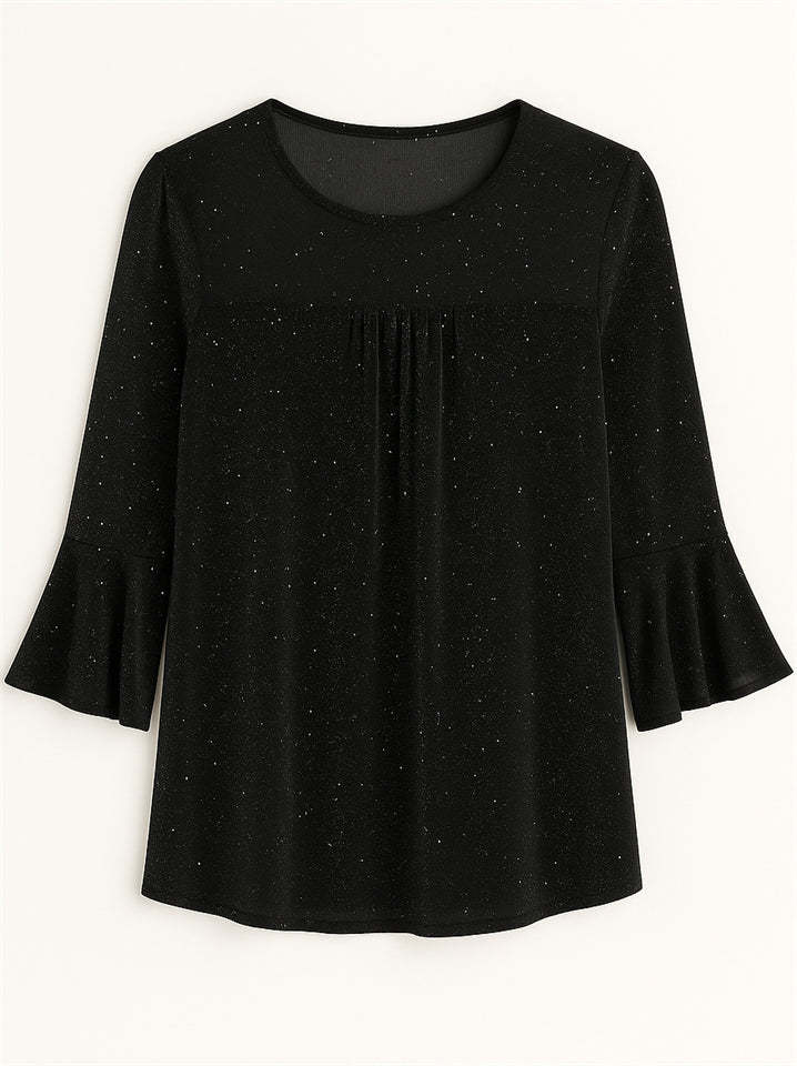 Women's Solid Color Mesh Patchwork Bling 3/4 Flare Sleeve Shirt