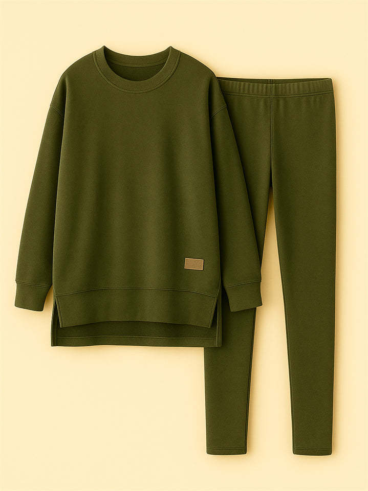 Women's Casual Round Neck Solid Color Asymmetric Hem Sweatshirts & Sweatpants Outfit