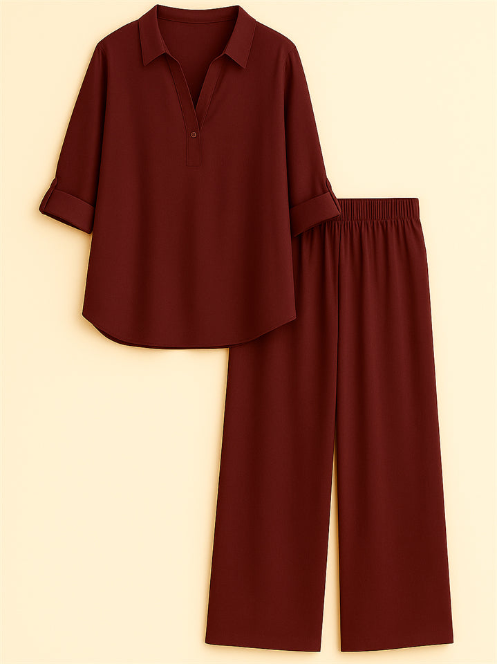 Casual Holiday Style Solid Color Lapel Long Sleeve Shirt &Pants Set