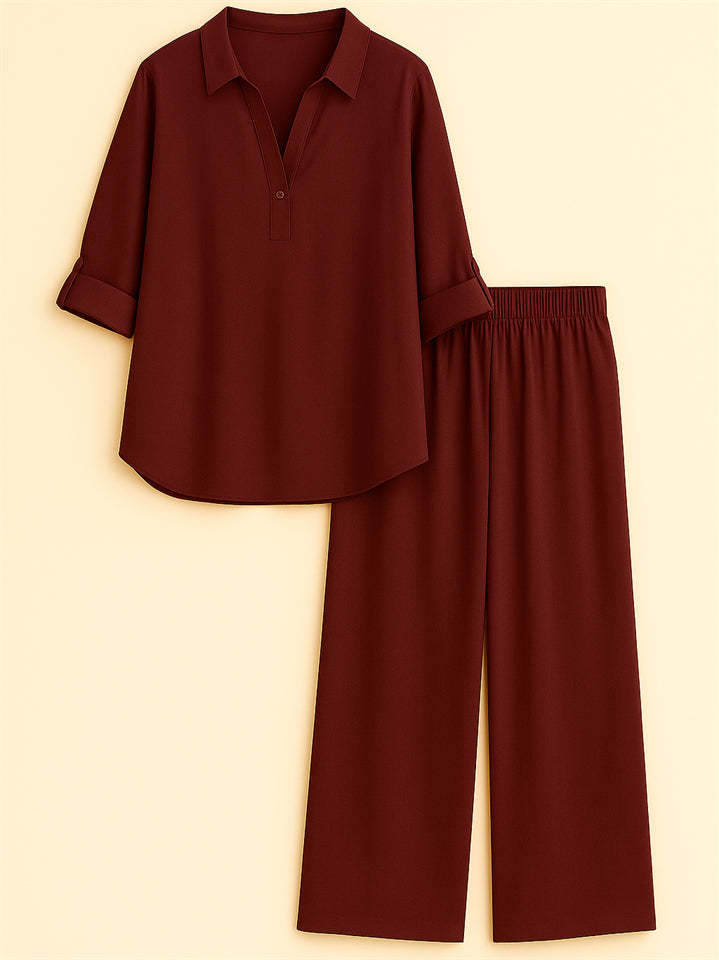 Casual Holiday Style Solid Color Lapel Long Sleeve Shirt &Pants Set
