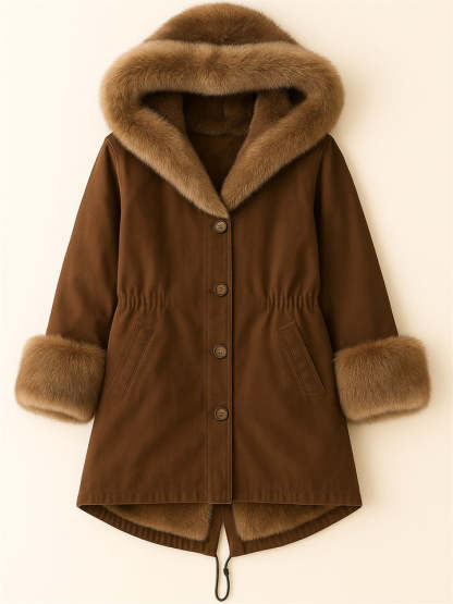 Women's Thicken Button Up Mid-Length Faux Fur Trim Hooded Coat