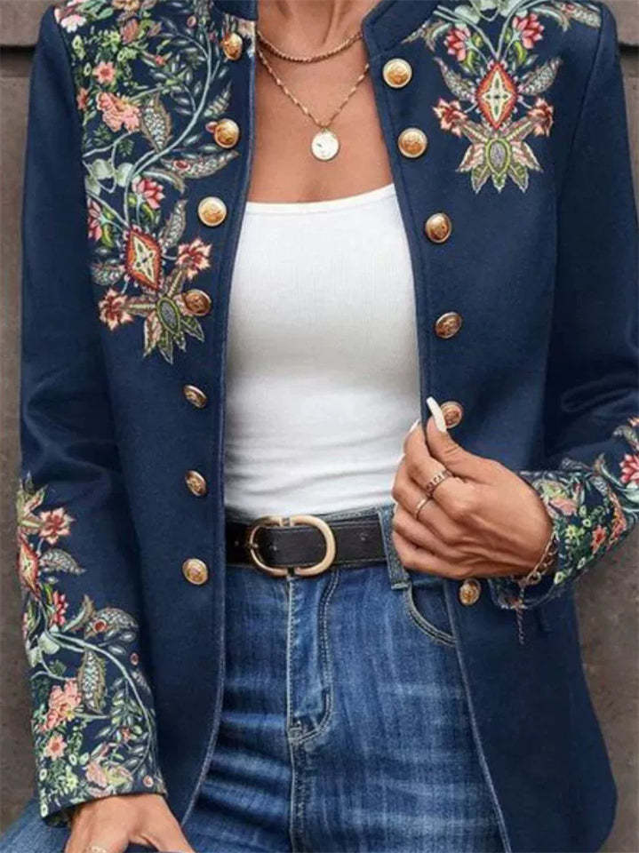 Women's Floral Printed Double-breasted Stand Collar Cardigan Jackets