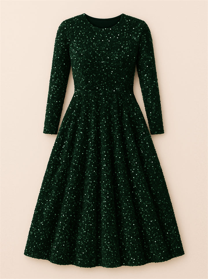 Trendy Sequined Solid Color Long Sleeve Big Hem Maxi Dress