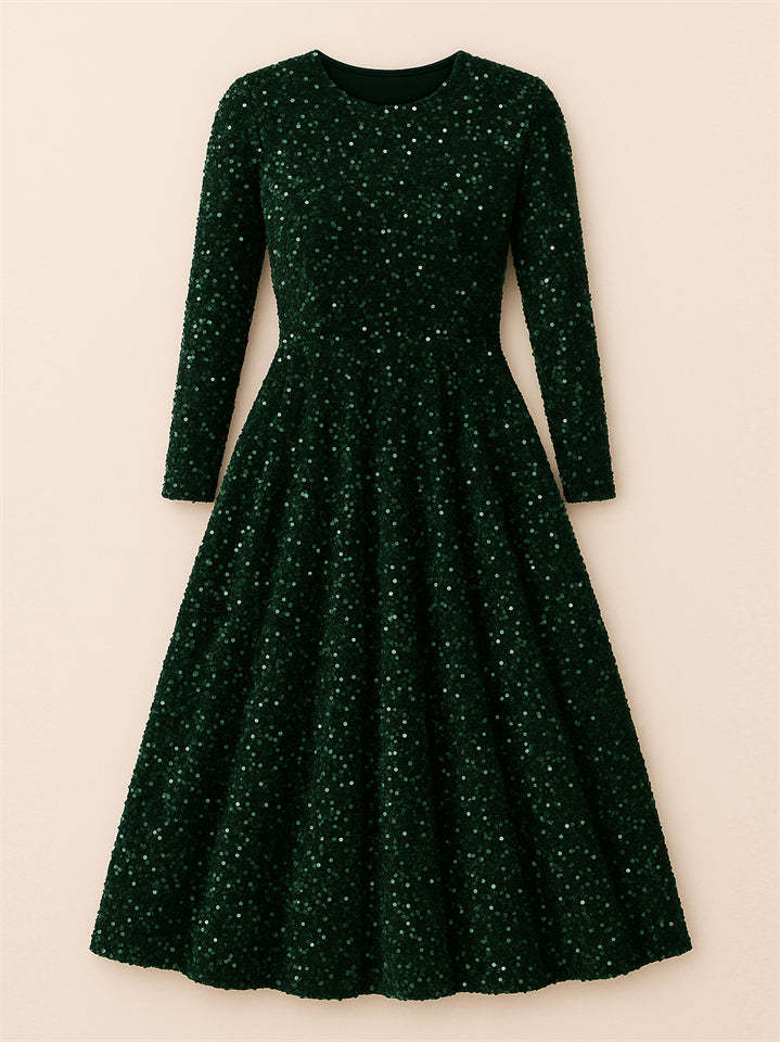 Trendy Sequined Solid Color Long Sleeve Big Hem Maxi Dress