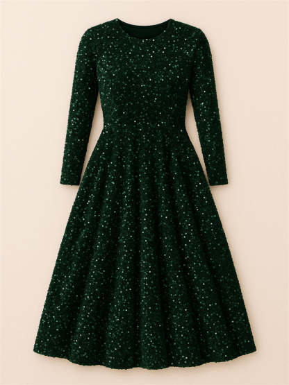 Trendy Sequined Solid Color Long Sleeve Big Hem Maxi Dress