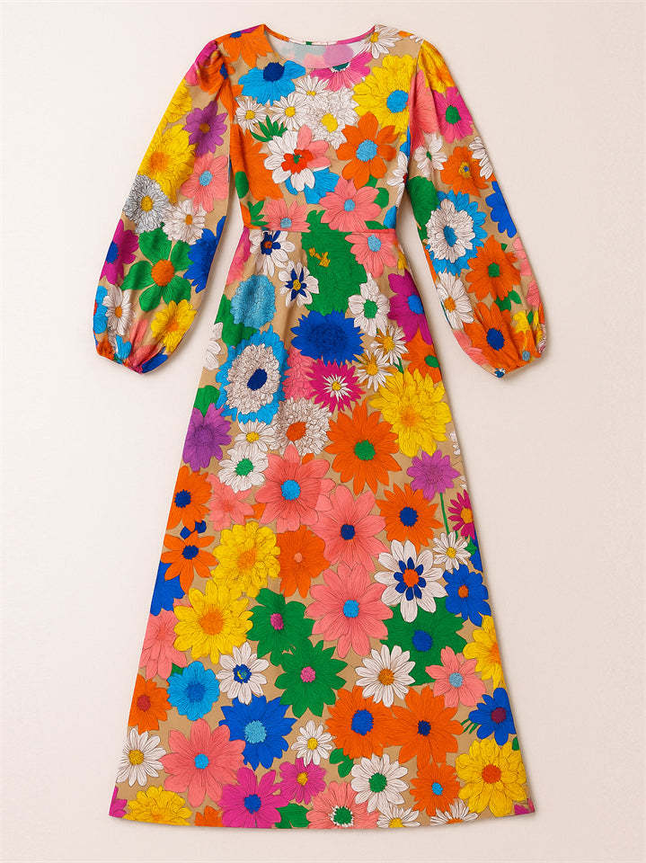 Ladies' Floral Graffiti Printed Long Sleeve Maxi Dress