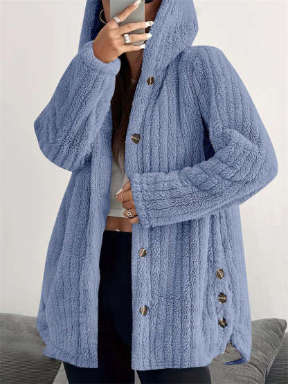 Casual Winter Solid Color Pit Stripe Hooded Fleece Coats