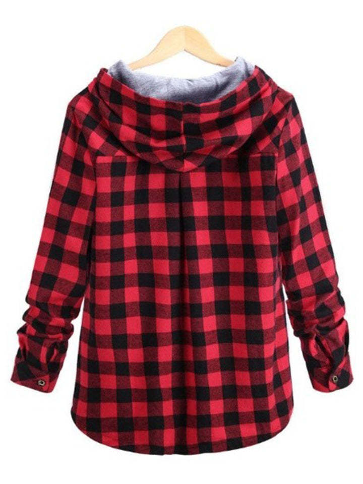 Women's Contrasting Plaid Long Sleeve Button Up Hooded Shirts