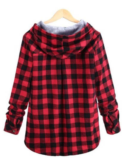 Women's Contrasting Plaid Long Sleeve Button Up Hooded Shirts