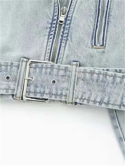 Women's Blue Vintage Zip Up Lapel Short Denim Jackets