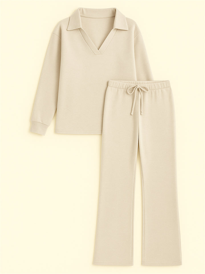 Women's 2Pcs Autumn Casual Solid Color  V Neck Lapel Long Sleeve Outfit