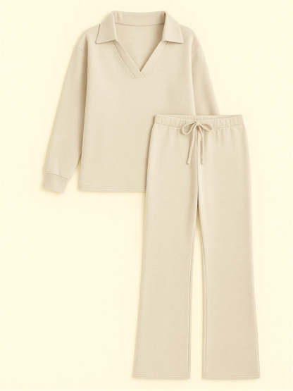 Women's 2Pcs Autumn Casual Solid Color  V Neck Lapel Long Sleeve Outfit