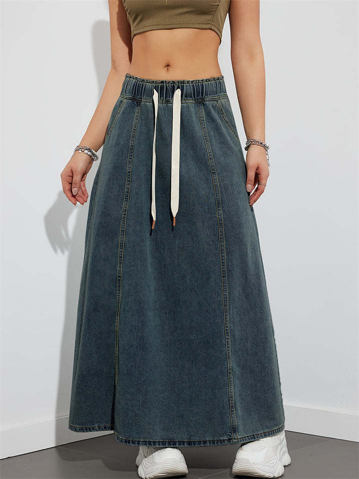 Women's Casual Drawstring Elastic Waist  A-Line Denim Skirt