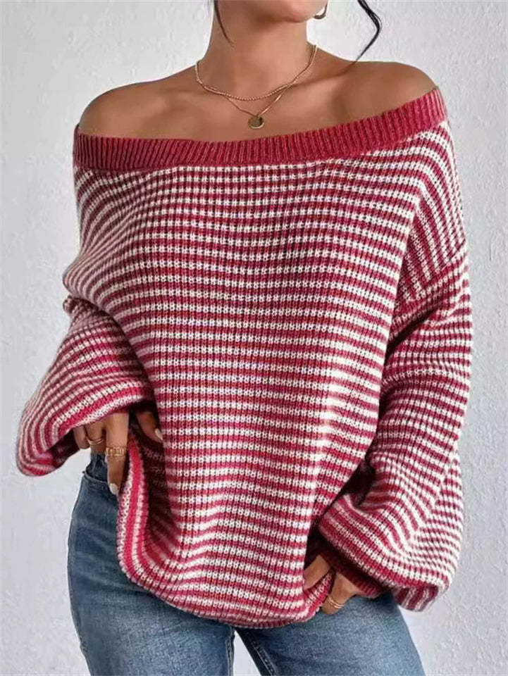 Comfy Autumn Elegant Contrast Color Striped Sabrina Collar Sweaters