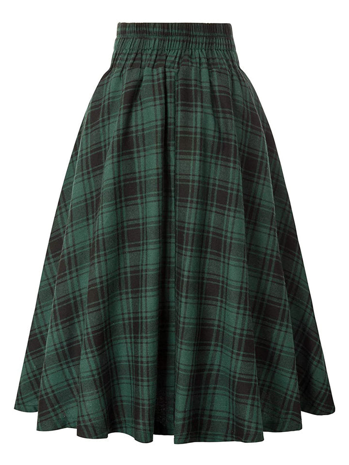Women's Vintage Autumn High Waist Big Hem Plaid Skirts