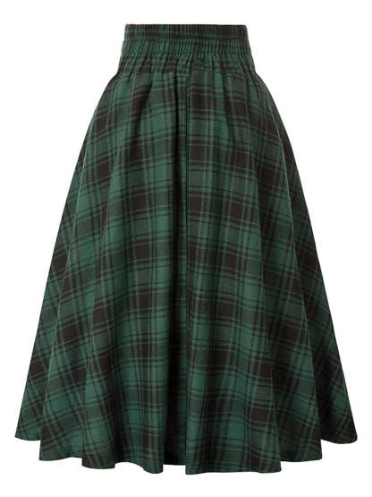 Women's Vintage Autumn High Waist Big Hem Plaid Skirts