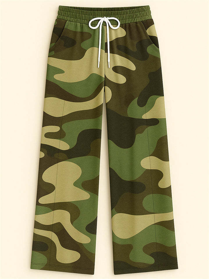 Women's Casual Camouflage Print Drawstring Wide Leg Pants
