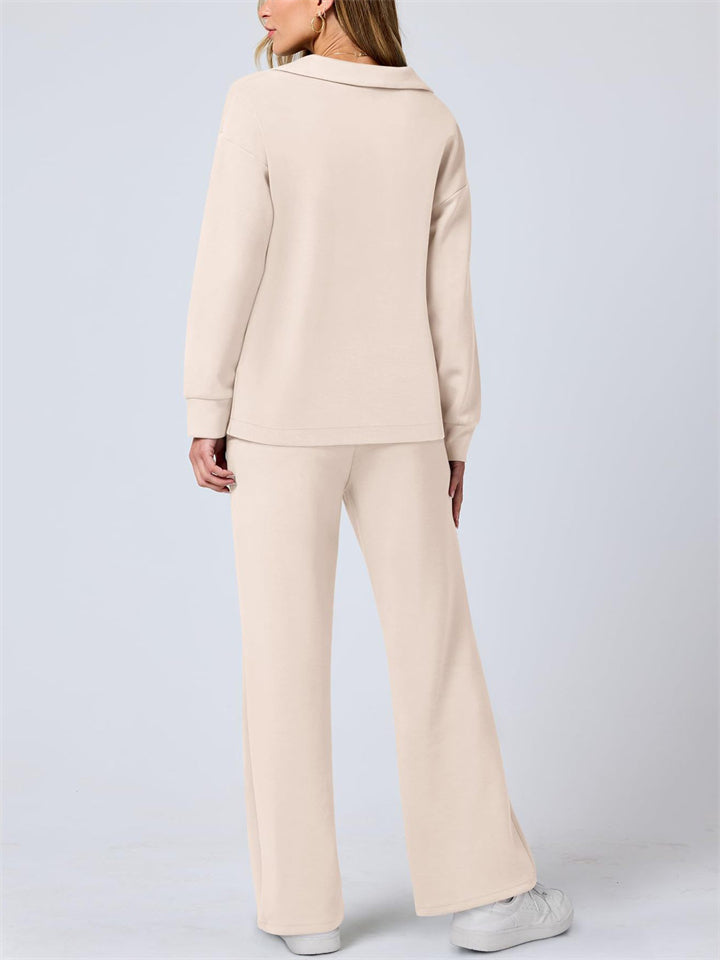 Women's 2Pcs Autumn Casual Solid Color  V Neck Lapel Long Sleeve Outfit