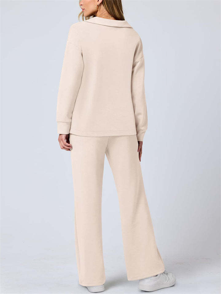 Women's 2Pcs Autumn Casual Solid Color  V Neck Lapel Long Sleeve Outfit