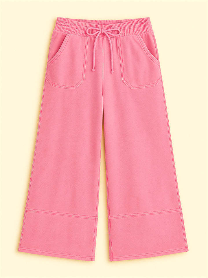 Women's Distressed Solid Color Pockets Elastic Waist Wide Leg Pants