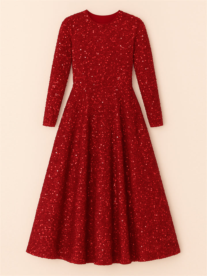 Trendy Sequined Solid Color Long Sleeve Big Hem Maxi Dress