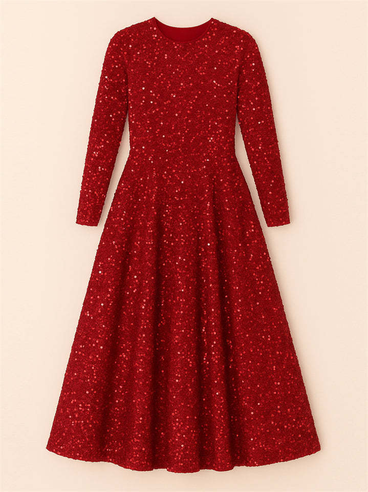 Trendy Sequined Solid Color Long Sleeve Big Hem Maxi Dress