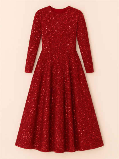 Trendy Sequined Solid Color Long Sleeve Big Hem Maxi Dress
