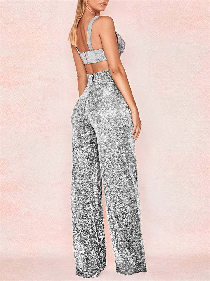 High Waist Bling Solid Color Wide Leg Pants for Women