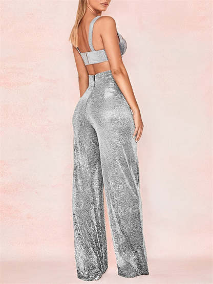High Waist Bling Solid Color Wide Leg Pants for Women