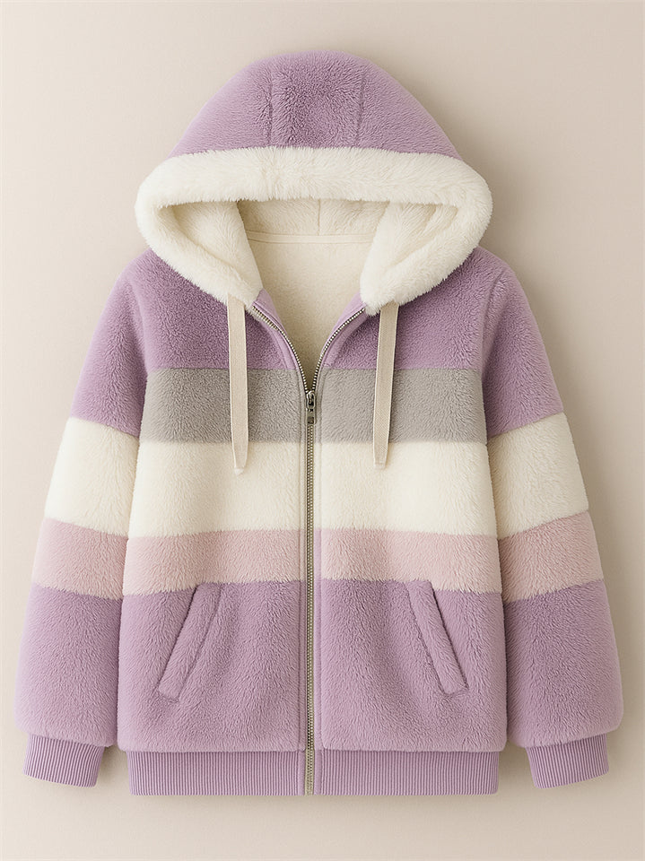 Women's Winter Color Block Cozy Faux Fur Fleece Zip Up Hooded Coat