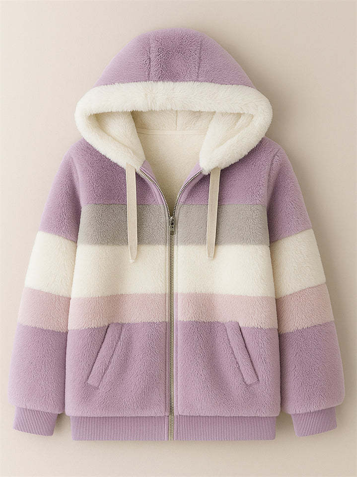 Women's Winter Color Block Cozy Faux Fur Fleece Zip Up Hooded Coat