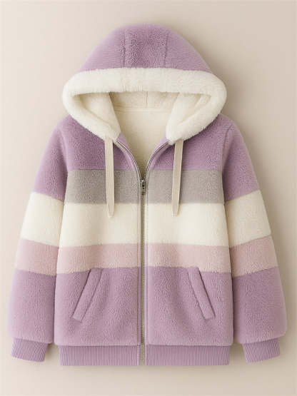 Women's Winter Color Block Cozy Faux Fur Fleece Zip Up Hooded Coat