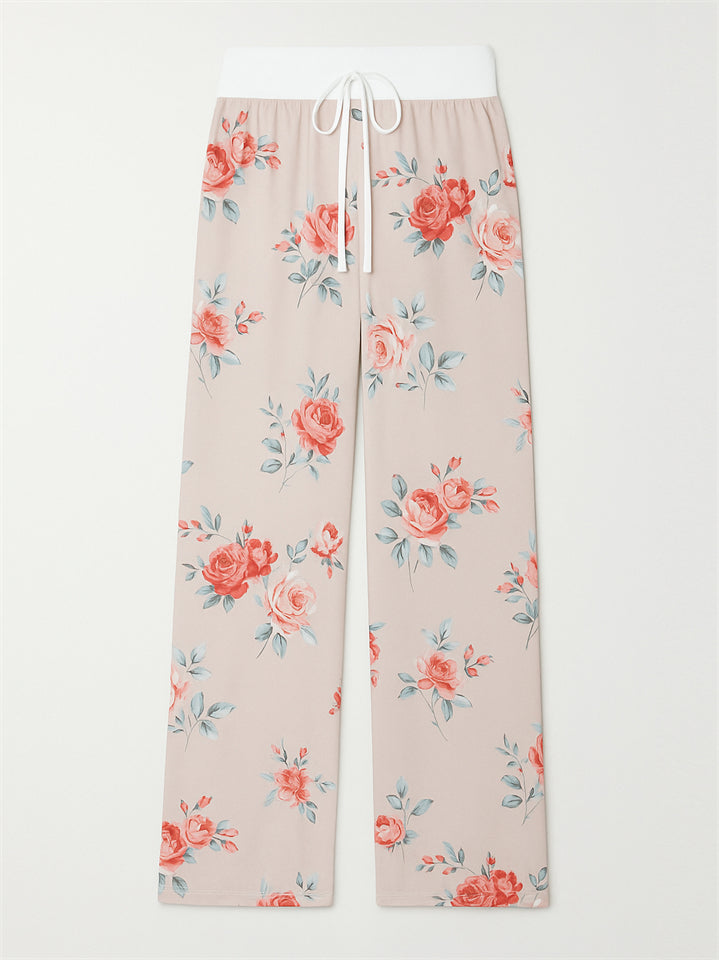 Women's Casual Floral Printed Drawstring Wide-Leg Pants
