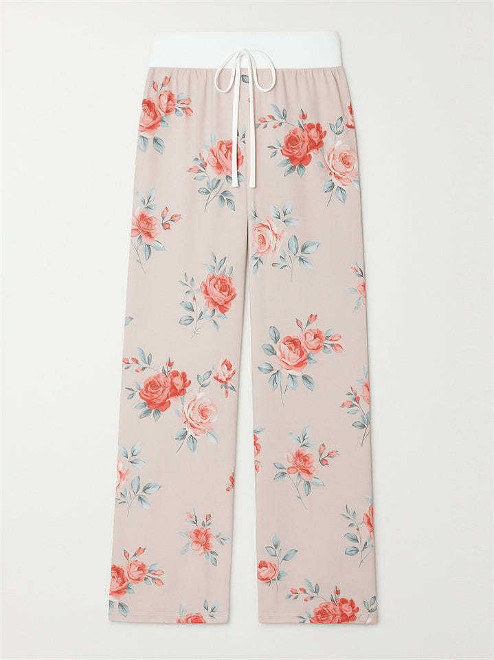 Women's Casual Floral Printed Drawstring Wide-Leg Pants