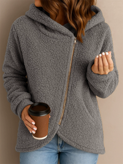 Women's Autumn Zip Up Asymmetric Long Sleeve Hooded Fleece Coats