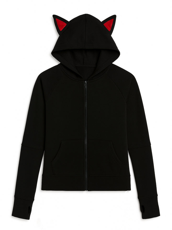 Adorable Fox Ear Drawstring Hooded Full Zipper Sweatshirt