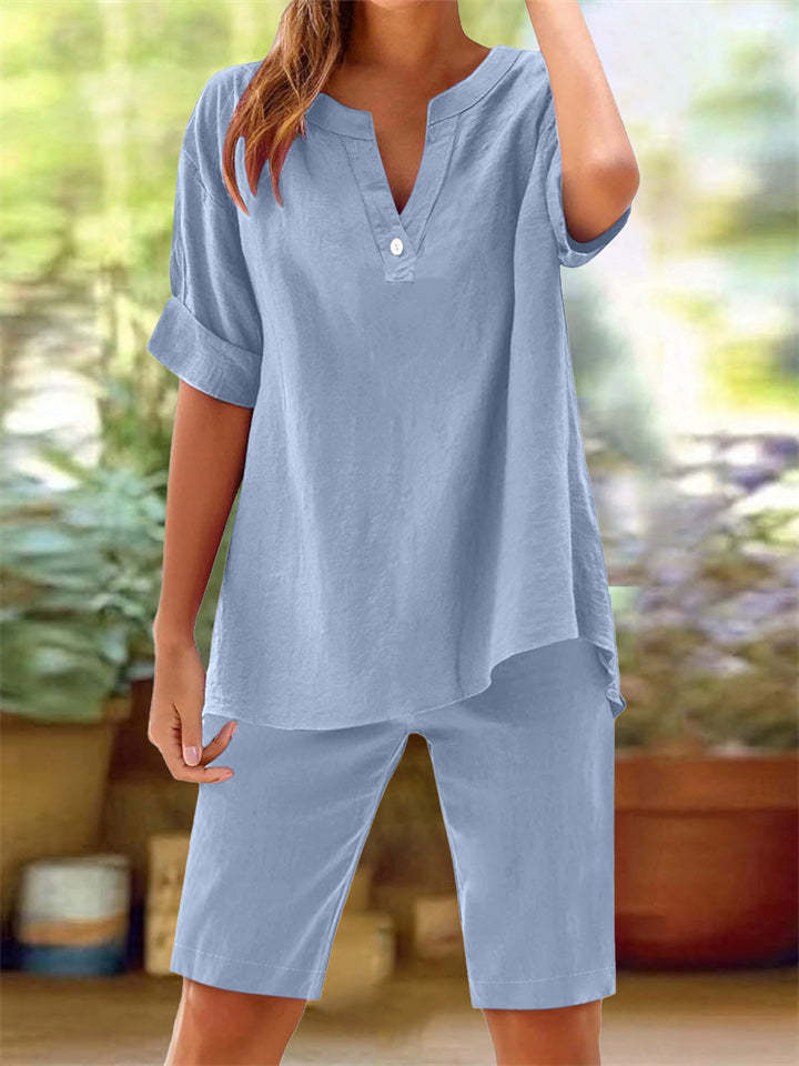 Summer Holiday Style V Neck Solid Color Top & Shorts Set for Women