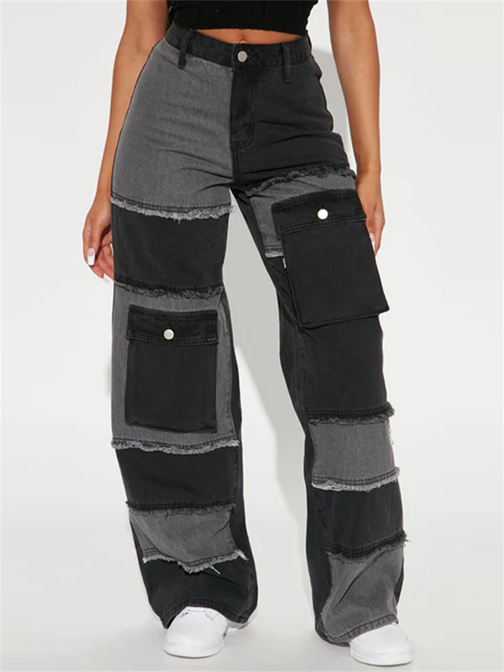Casual Pockets Contrast Color Patchwork Straight Jeans for Women